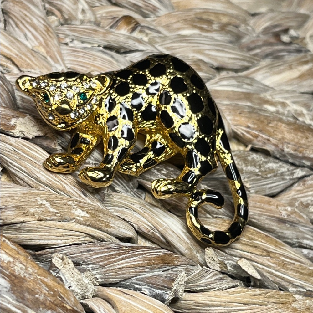 Gold Tone and Black Enamel Leopard Brooch